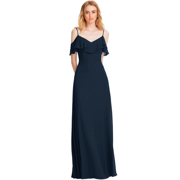 Bill Levkoff Chiffon V-front Bridesmaid Dress Full Length Gown Navy Blue 12 - Picture 3 of 5